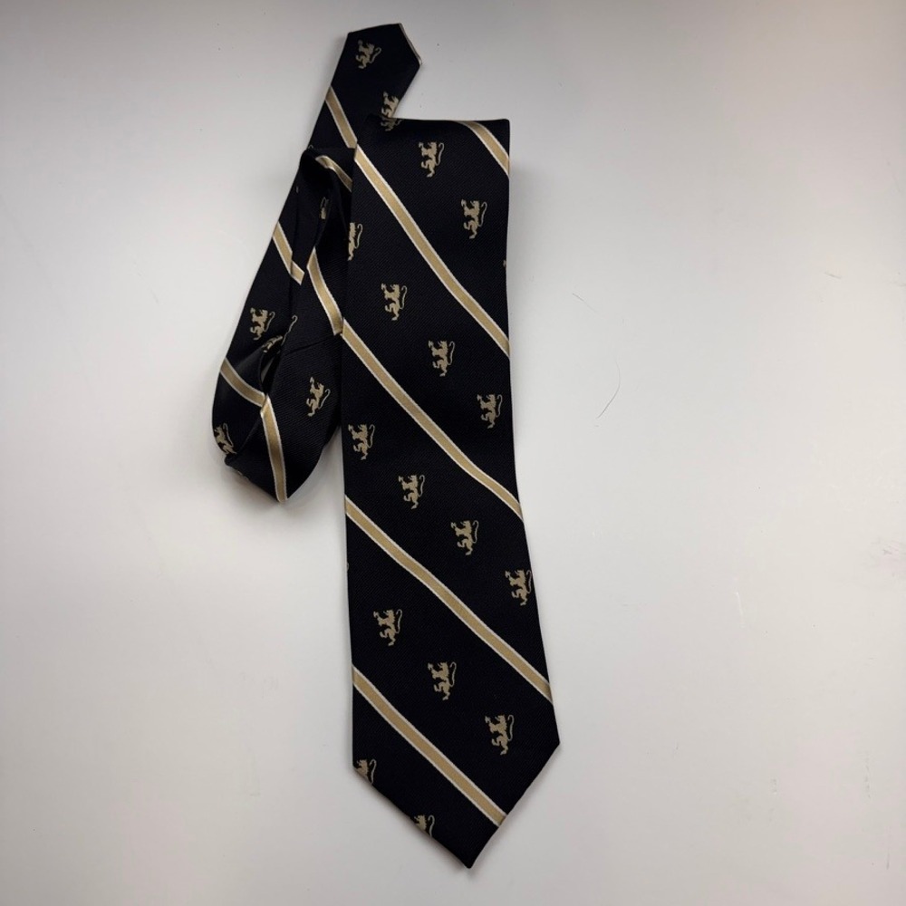 Rivetz of Boston Mens Silk Tie Black Gold Rampant Lion Crest Striped Hand Made